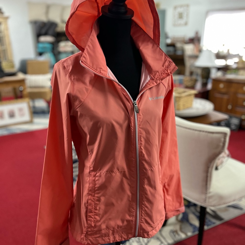 Columbia rain jacket, light coral color, size small. Great condition.
